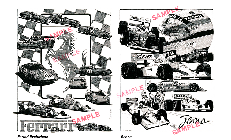 Ferrari Evoluzione & Senna pen and ink drawings by J. Thow