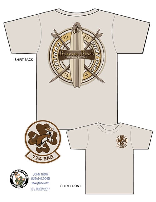 California surf-style T-shirt designed for the 774th Expeditionary Airlift Squadron, marked "Bagram Beach, Afghanistan."