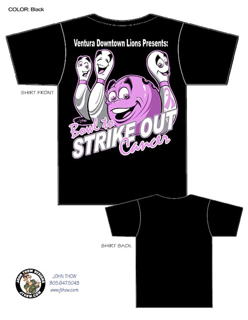 T-shirt design for Bowl to Strike Cancer featuring original cartoon bowling ball and pins in pink and lavender cancer awareness colors