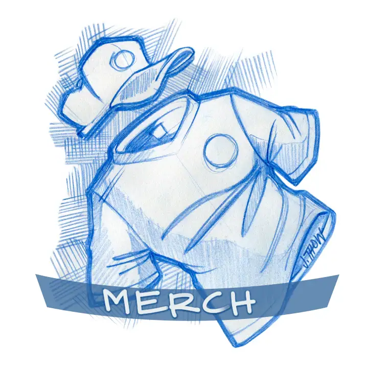 Sketch-style icon of a T-shirt and cap representing custom merchandise, linking to the Custom Merch section, illustrated by J. Thow