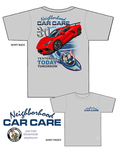 30th Anniversary T-shirt design for Neighborhood Car Care featuring fun characterizations of the two owners and a shiny red Corvette