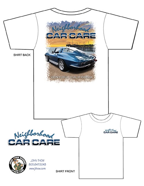Original artwork of a classic Corvette fastback on the beach near Ventura Pier, created for Neighborhood Car Care