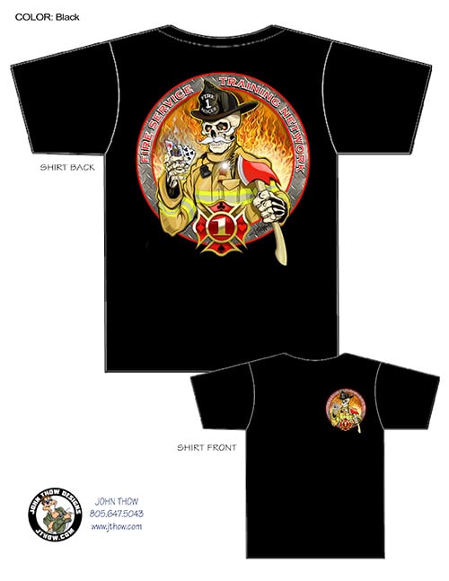 T-shirt design featuring original art of a skeletal firefighter in full gear standing in front of flames, created for the Fire Service Training Network