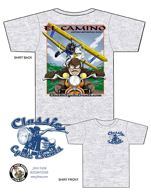 El Camino T-shirt design with Stearman biplane chasing classic motorcyclist through orange orchard