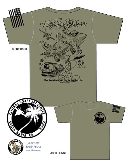 Cartoon-style F-35B hovering over fuel truck with F-35C approaching and F-35A departing – Hot Gas Lightning Fast T-shirt