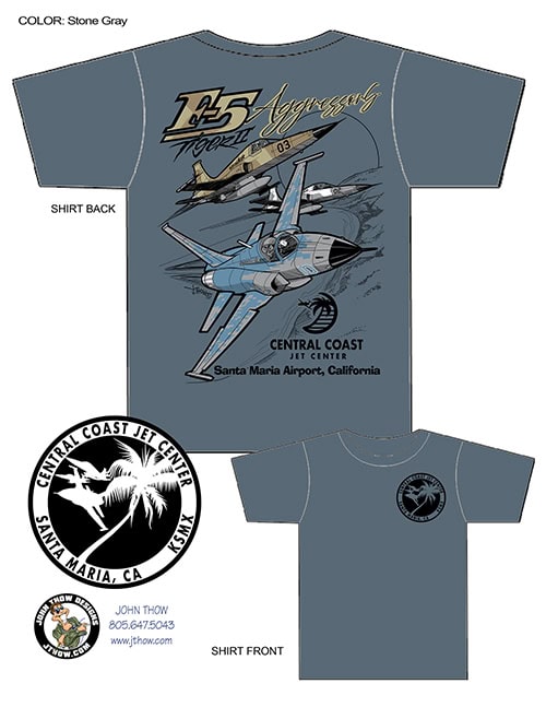 Cartoon-style F-5 Tiger II in Aggressor camouflage – Tactical Air tribute T-shirt for Central Coast Jet Center