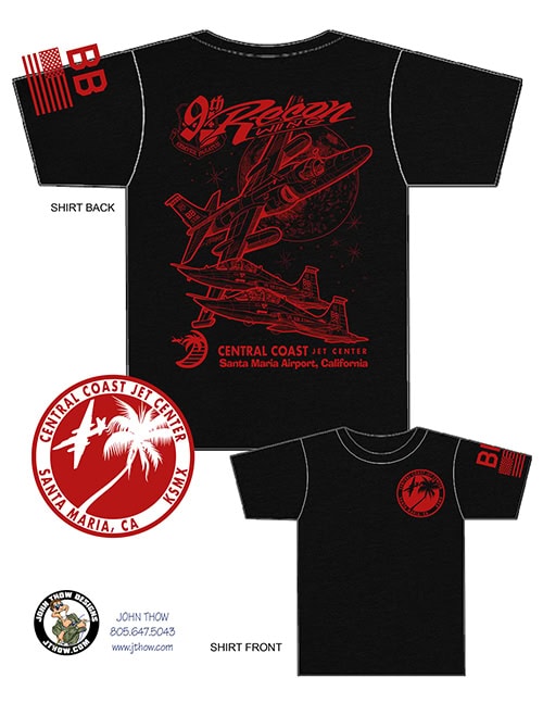 Cartoon-style U-2 Dragon Lady and T-38 Talons on Central Coast Jet Center T-shirt