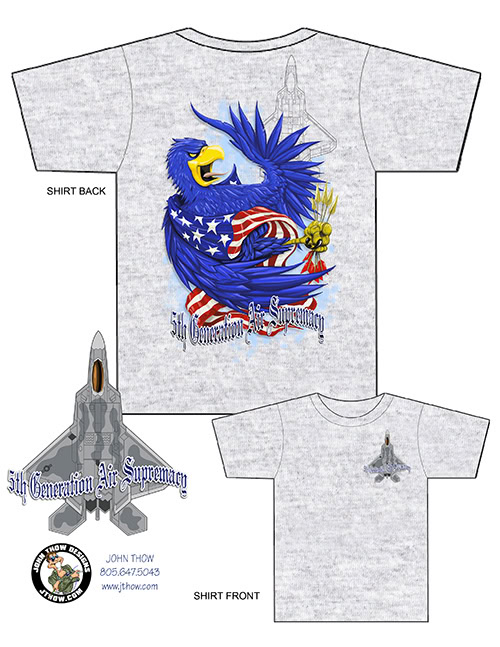 Raptor CTF T-shirt design with blue eagle mascot draped in American flag, “5th Generation Air Supremacy,” and top-view of F-22 Raptor