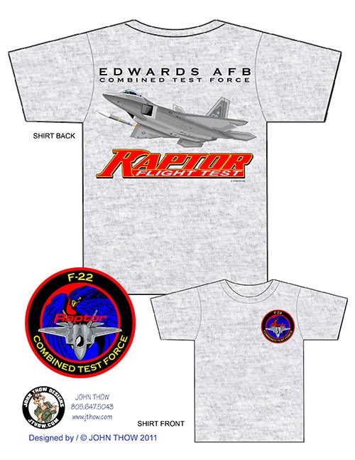 T-shirt design featuring a single F-22 Raptor firing a missile, created for the Raptor Combined Test Force at Edwards AFB