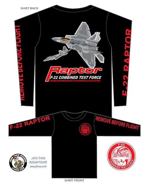 Long-sleeve Raptor CTF T-shirt design with two F-22 Raptors and “Remove Before Flight” text on the sleeve