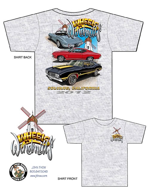 2012 Wheels and Windmills T-shirt design featuring a '64 Corvette convertible, '70 Chevrolet Chevelle, and black and gold GTO
