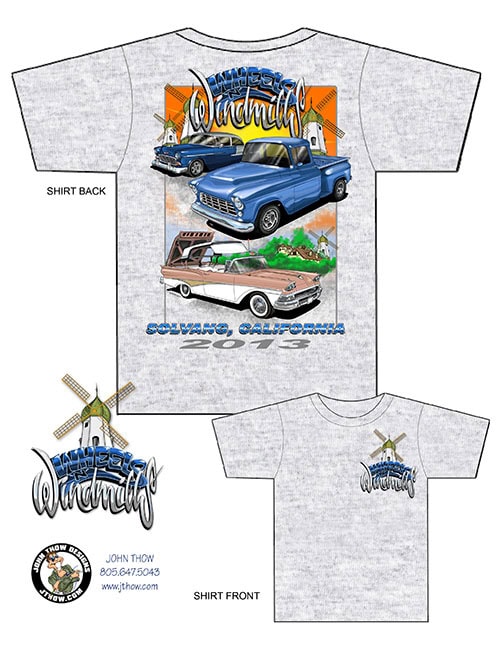 2013 Wheels and Windmills T-shirt design featuring a 1955 Chevy, 1957 Chevy truck, and classic Ford convertible