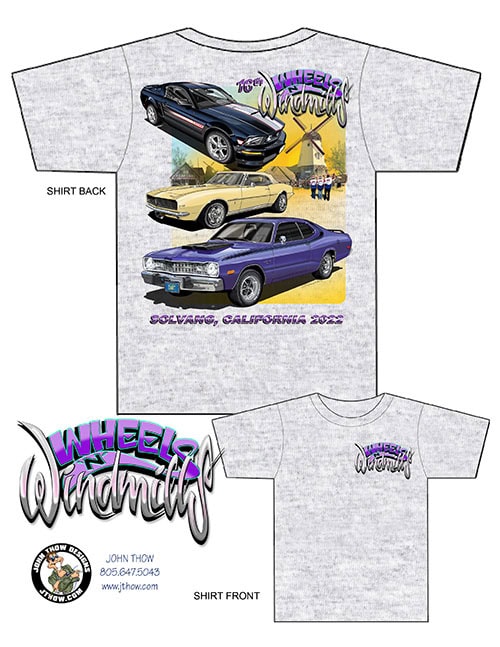 2022 Wheels and Windmills T-shirt design with Mustang, Camaro convertible, and Dodge Dart
