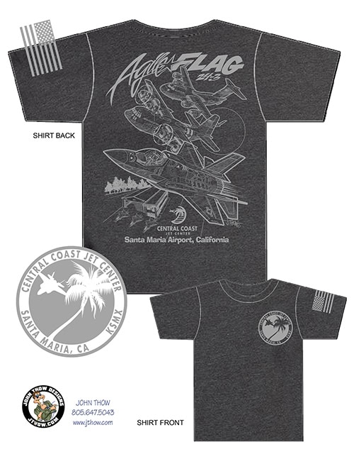 Cartoon-style commemorative Agile Flag 24-3 T-shirt featuring F-35A, C-130, and C-17 above Central Coast Jet Center with F-35s on the ramp