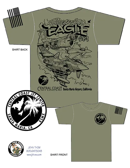 Graphic t-shirt design by John Thow featuring two Eurofighter Typhoon jets breaking formation with an Airbus A400M Atlas over Central Coast Jet Center Santa Maria California