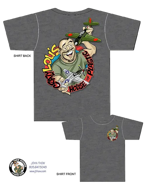 Cartoon T-shirt design for Crazy Lou's House of Plastic featuring a caricature holding model aircraft kits with bold vintage-style graphics