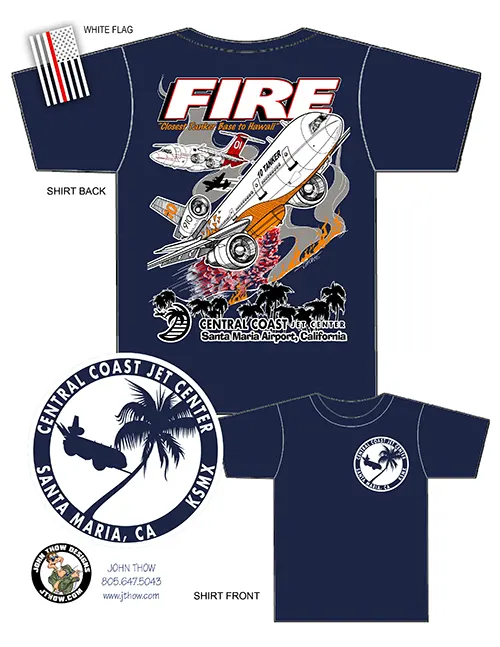 Graphic t-shirt design by John Thow featuring Tanker 10 McDonnell Douglas DC-10 aerial firefighting aircraft dropping retardant with BAE 146 and Lockheed C-130 Hercules in formation over Central Coast Jet Center Santa Maria California