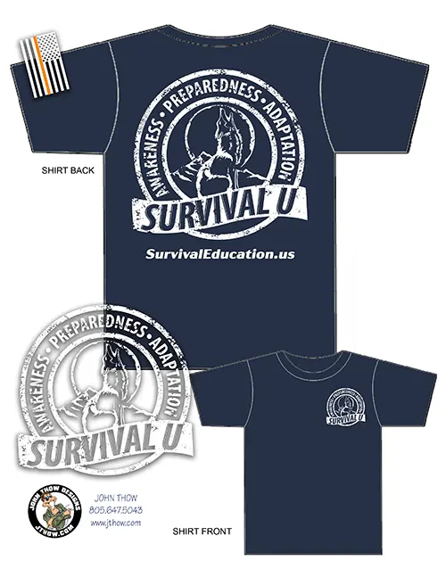 Distressed Survival U T-shirt design featuring a howling coyote logo and Search and Rescue flag on the sleeve