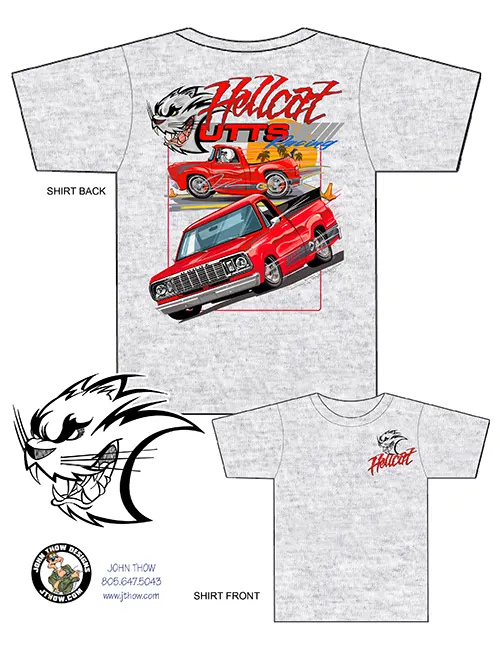 Graphic t-shirt design by John Thow for UTTS Racing featuring custom Dodge D-Series autocross race truck with Dodge Challenger SRT Hellcat engine and aggressive racing livery
