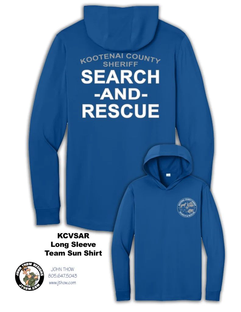 Search and Rescue Long Sleeve Hooded Sun Shirt created for Kootenai County Sheriff Volunteer Search and Rescue
